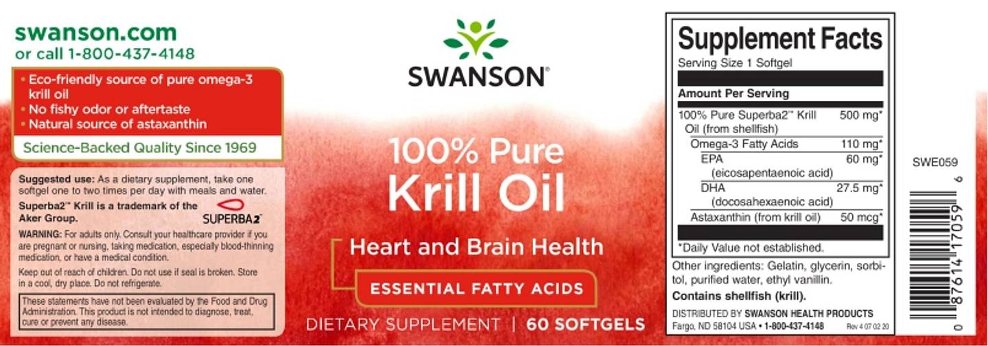 Swanson, 100% Pure Krill Oil label