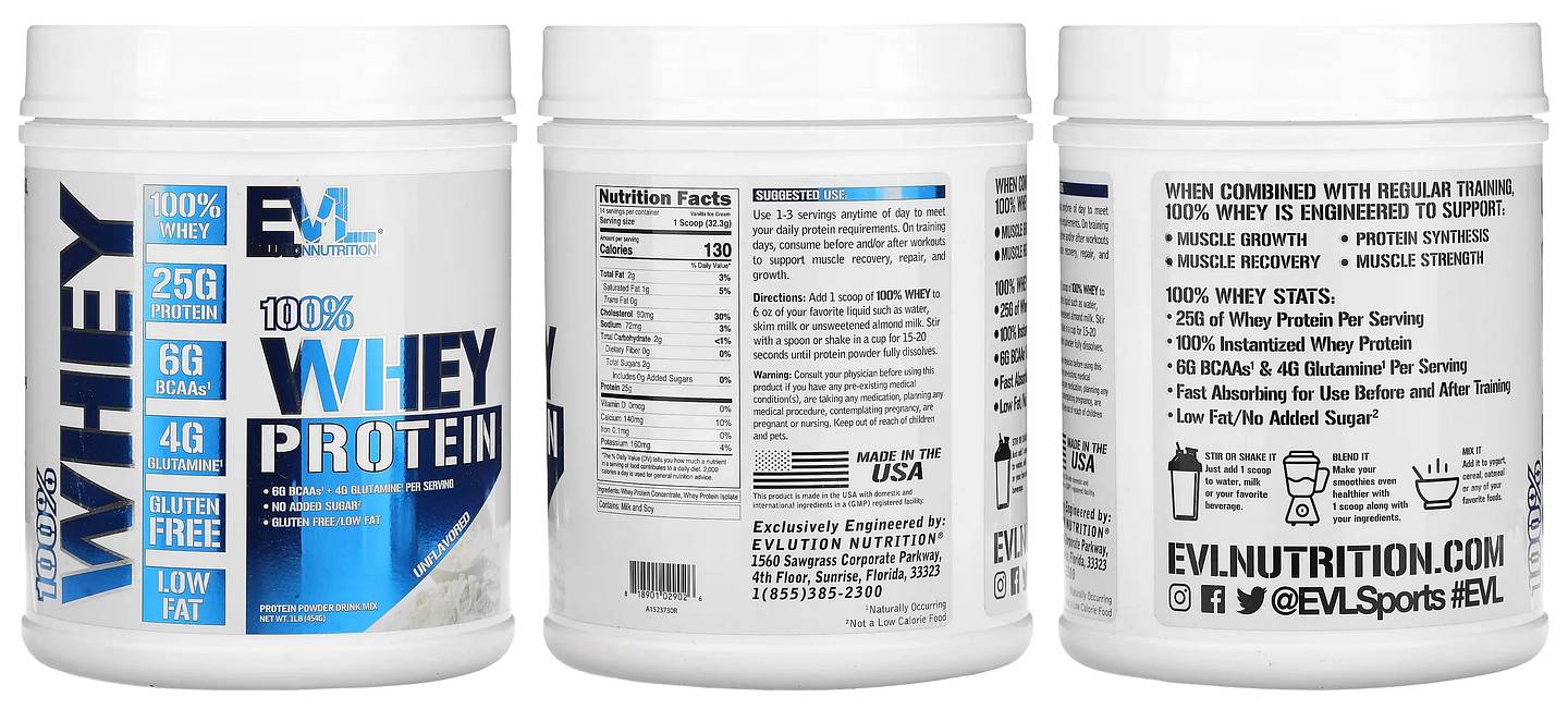 EVLution Nutrition, 100% Whey Protein packaging