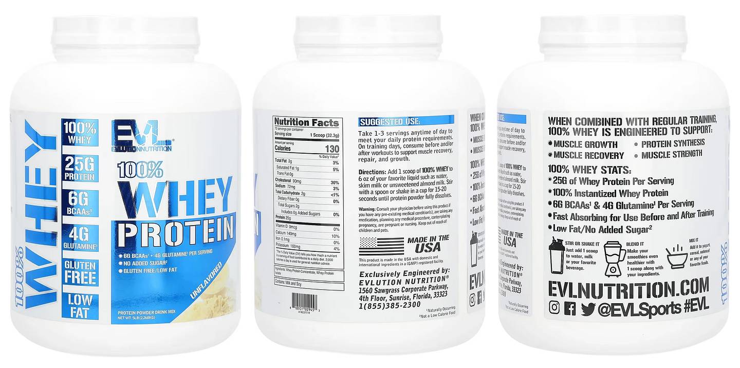 EVLution Nutrition, 100% Whey Protein packaging