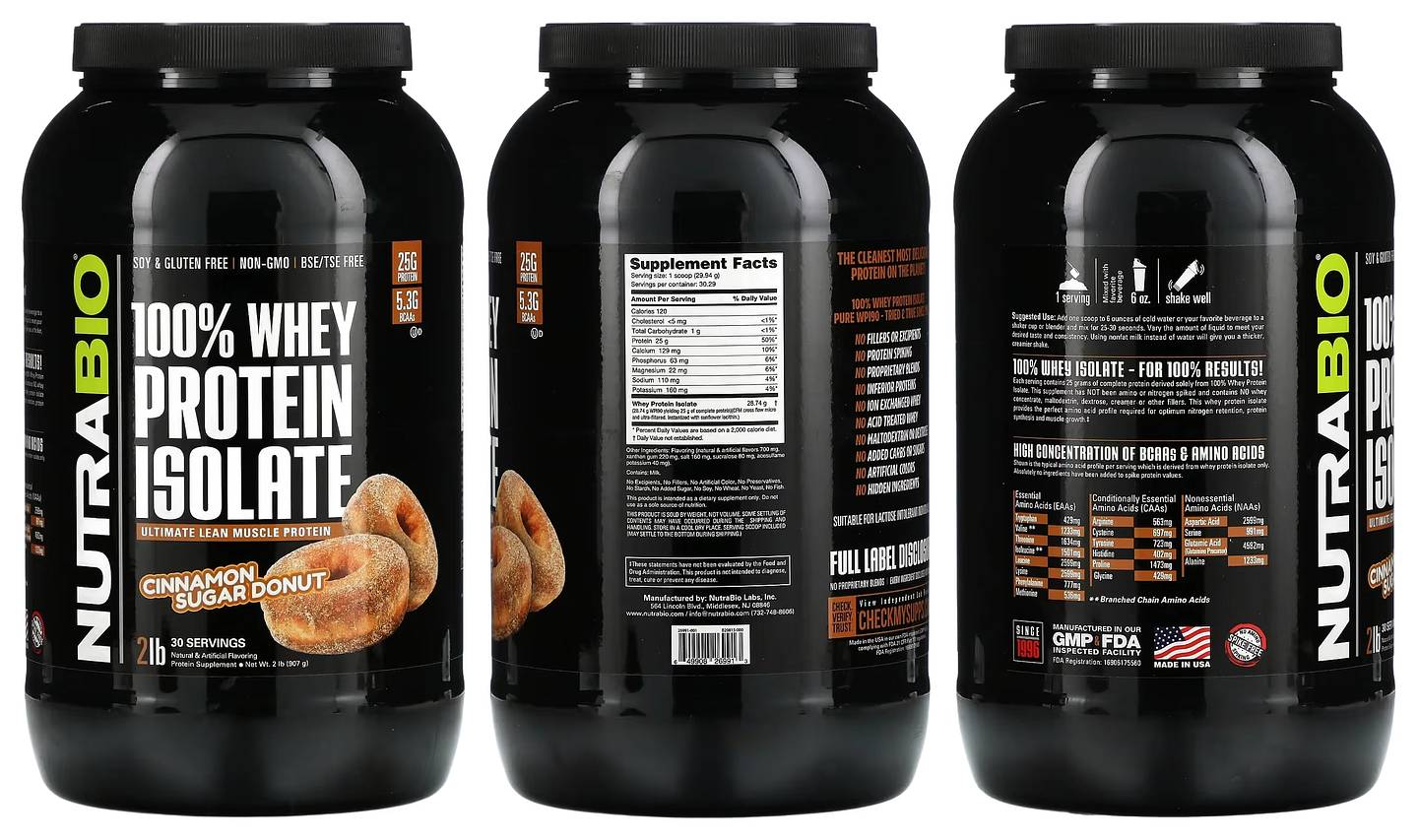 NutraBio, 100% Whey Protein Isolate, Cinnamon Sugar Donut packaging