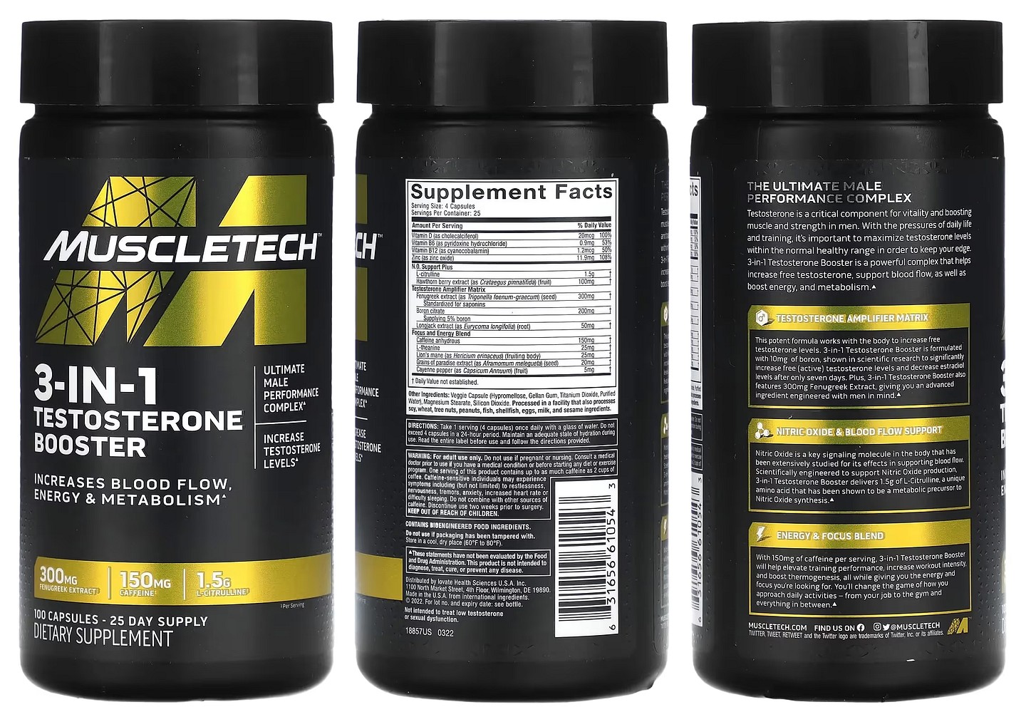MuscleTech, 3-in-1 Testosterone Booster packaging