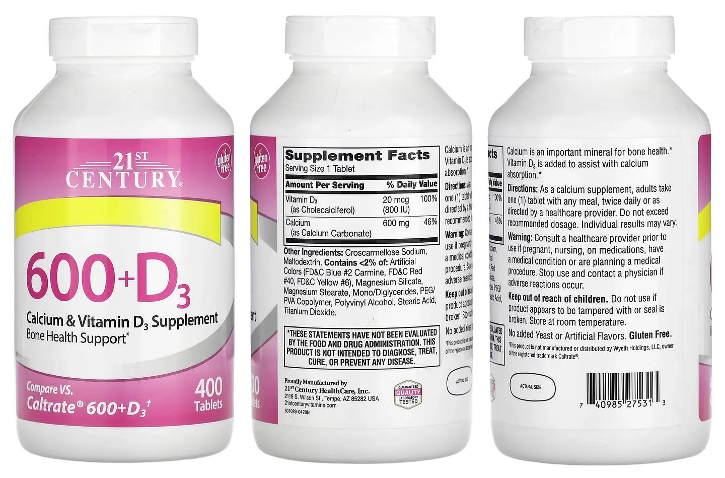 21st Century, 600+D3, Calcium & Vitamin D3 Supplement packaging