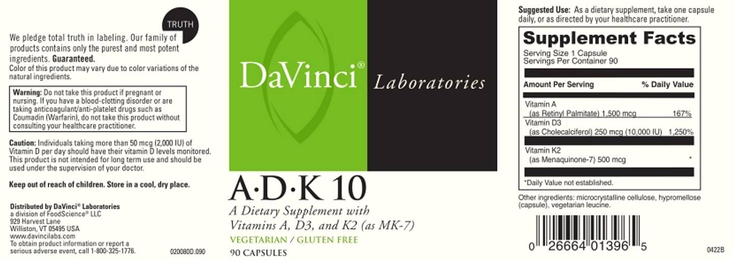 DaVinci Laboratories of Vermont, A-D-K 10 label