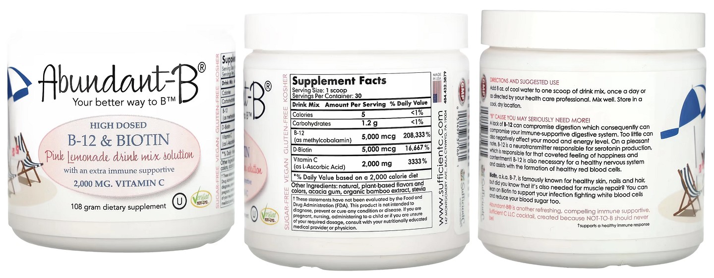 Sufficient C, Abundant-B High Dosed B-12 & Biotin Drink Mix, Pink Lemonade packaging