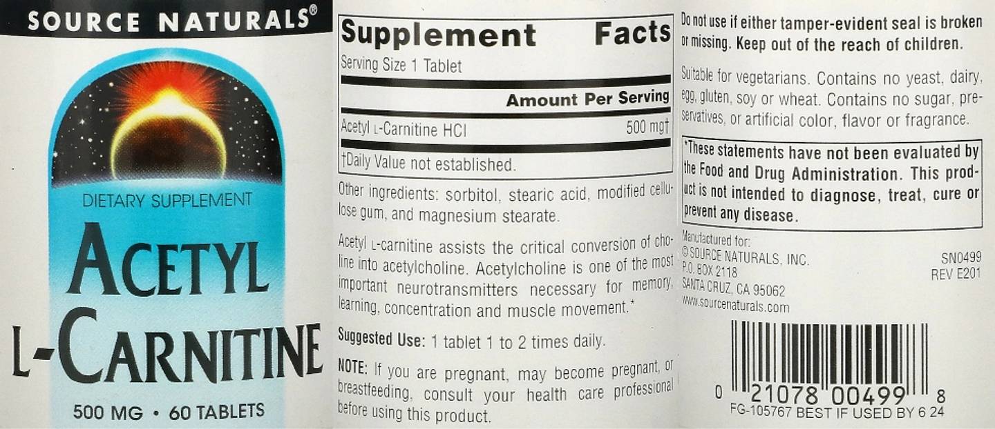 Source Naturals, Acetyl L-Carnitine label