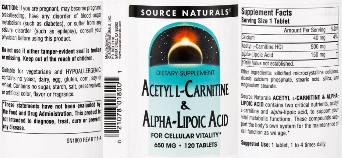 Source Naturals, Acetyl L-Carnitine & Alpha-Lipoic Acid label