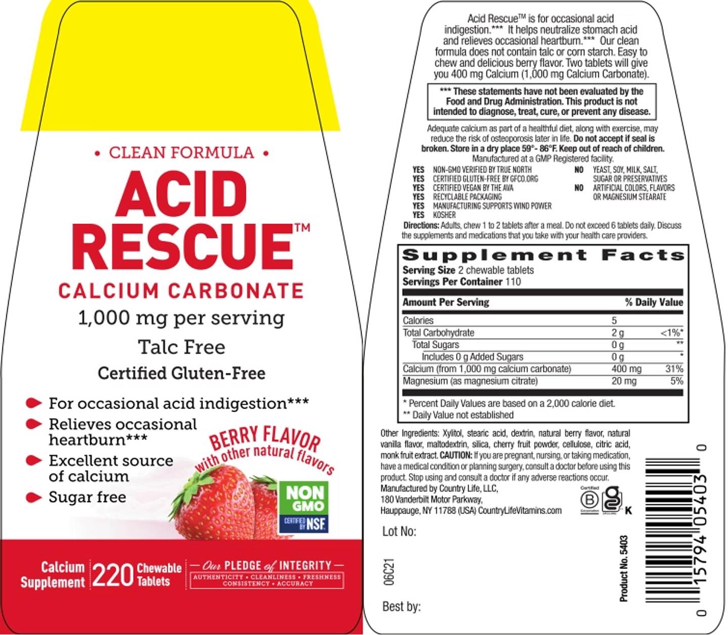 Country Life, Acid Rescue, Calcium Carbonate, Berry label