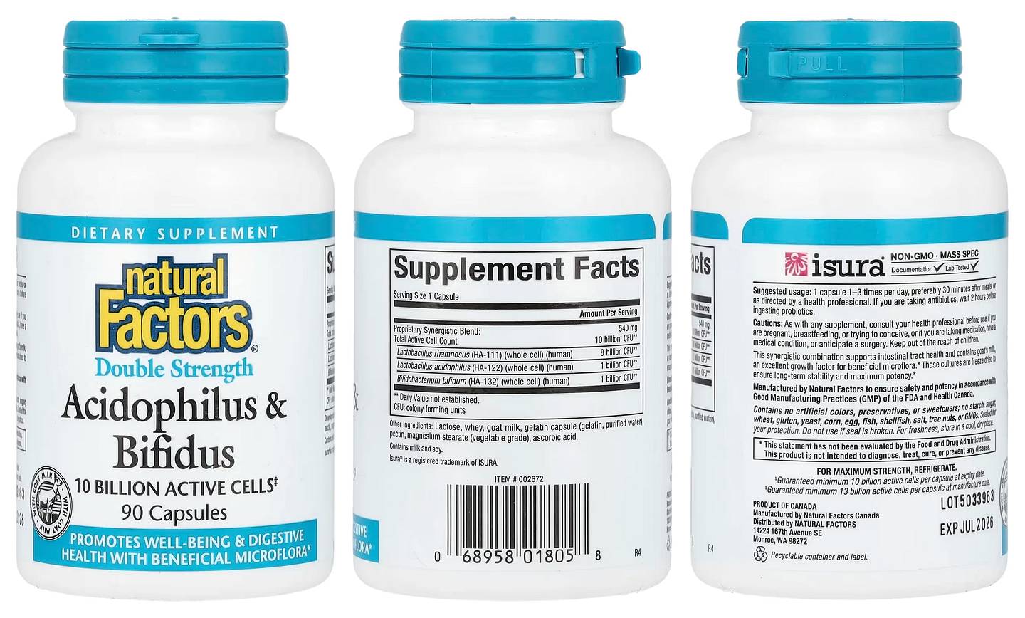 Natural Factors, Acidophilus & Bifidus, Double Strength, 10 Billion packaging