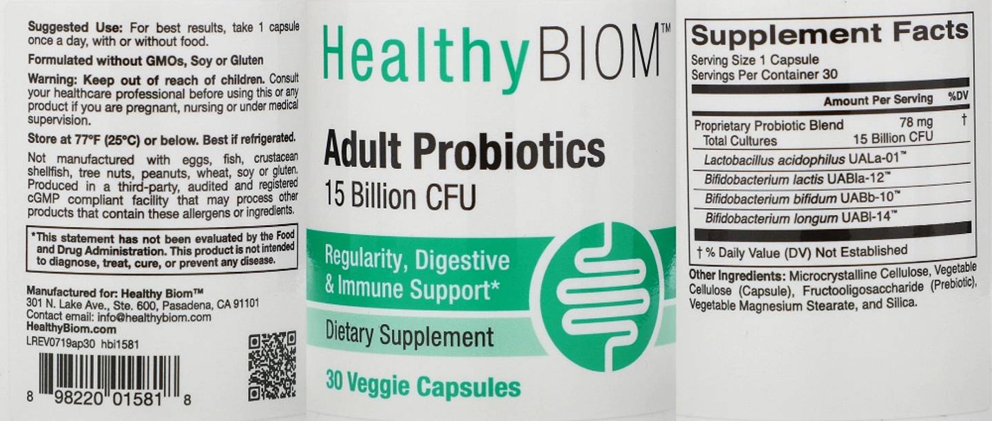 HealthyBiom, Adult Probiotics, 15 Billion CFU label