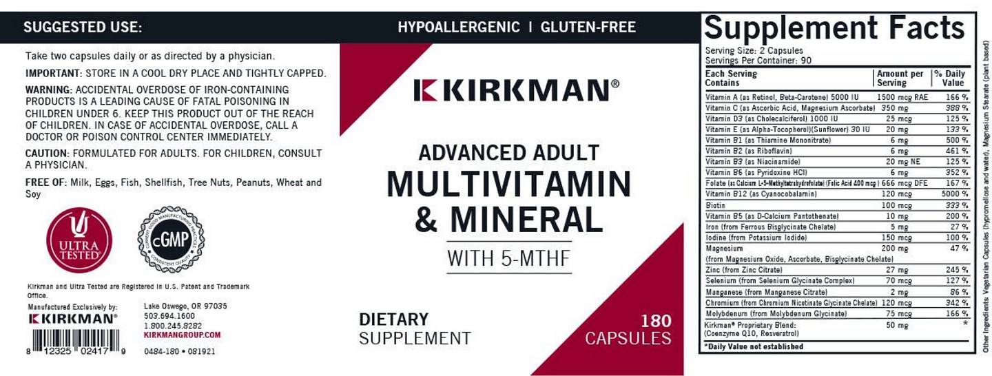 Kirkman Labs, Advanced Adult Multivitamin & Minerals with 5-MTHF label