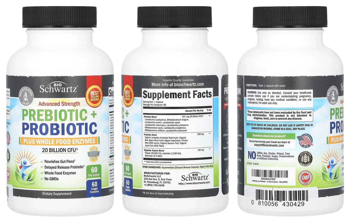 BioSchwartz, Advanced Strength Prebiotic + Probiotic Plus Whole Food Enzymes packaging