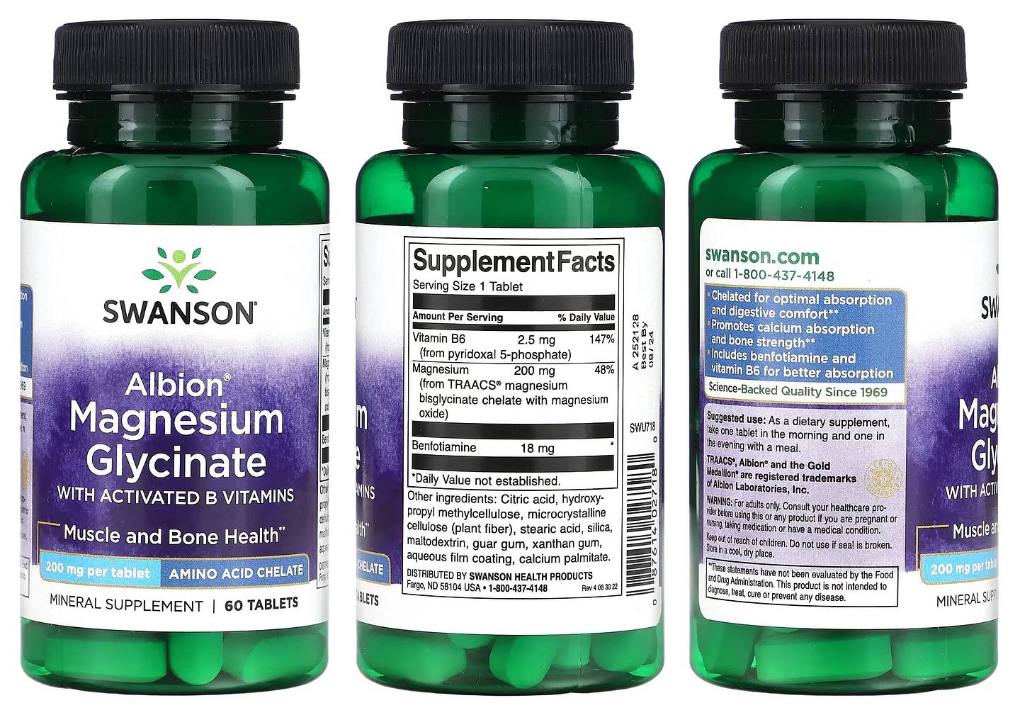 Swanson, Albion Magnesium Glycinate with Activated B Vitamins packaging