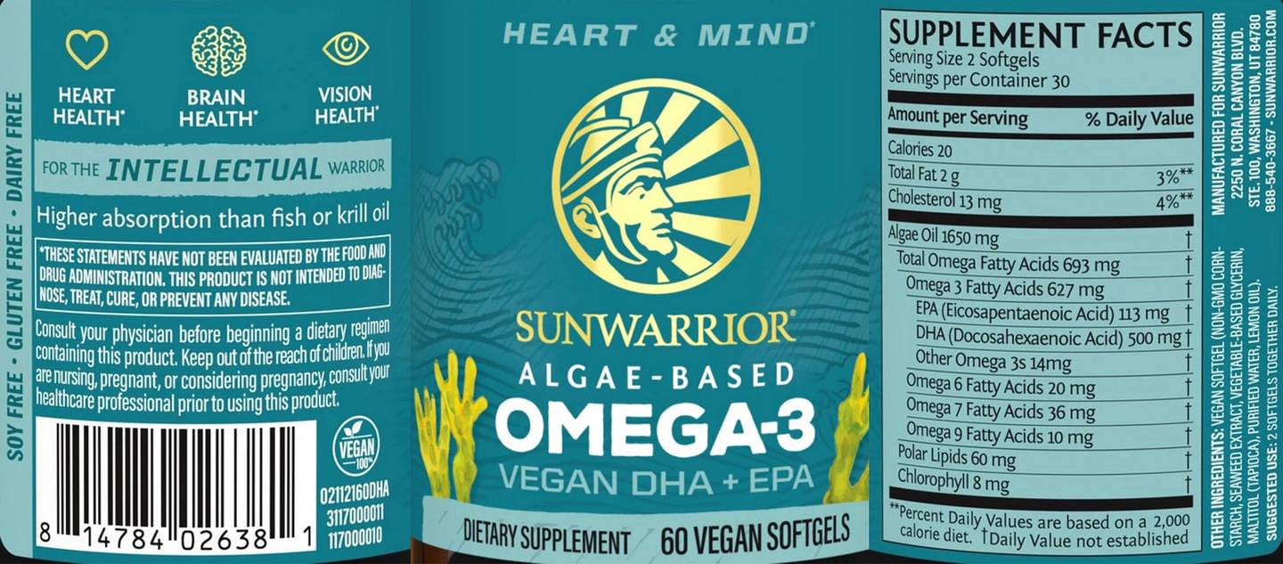 Sunwarrior, Algae-Based Omega-3, Vegan DHA + EPA label