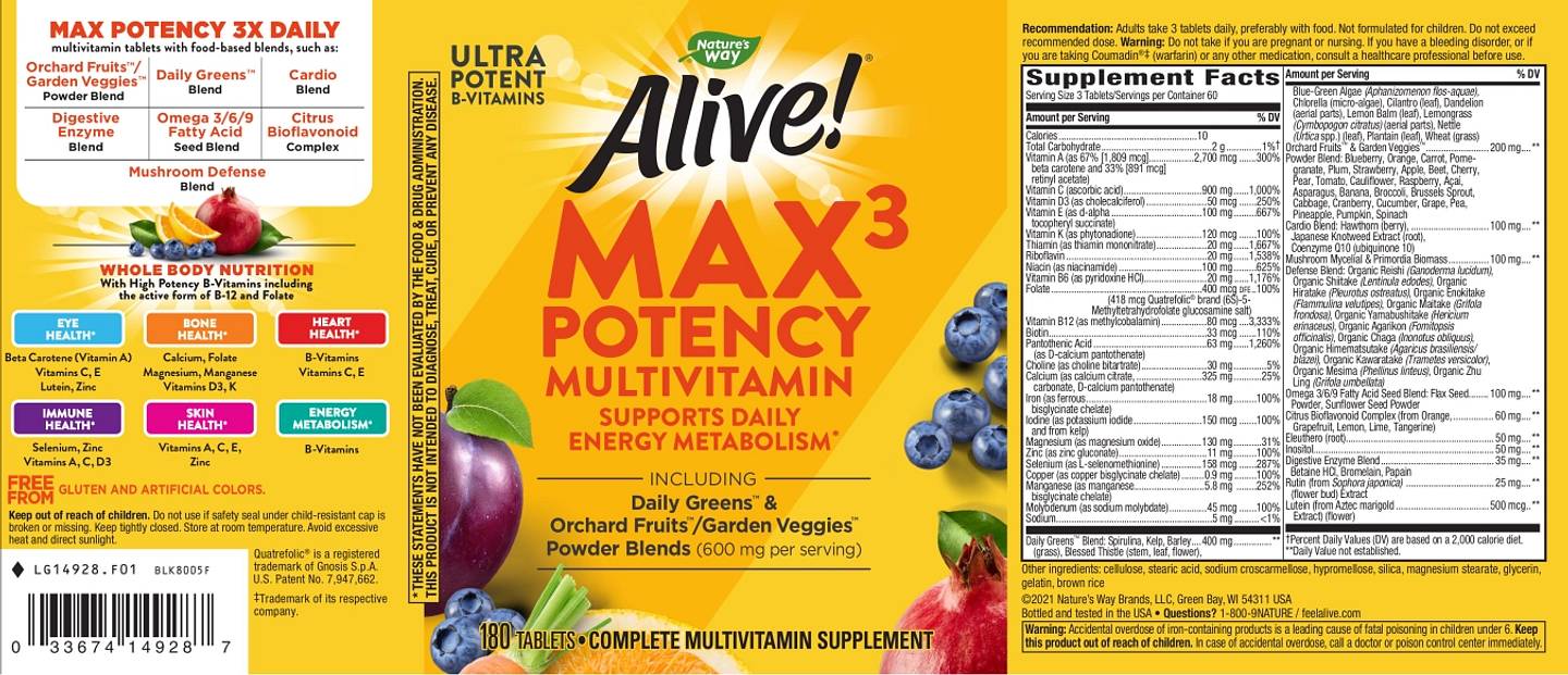 Nature's Way, Alive! Max3 Potency Adult Complete Multivitamin label