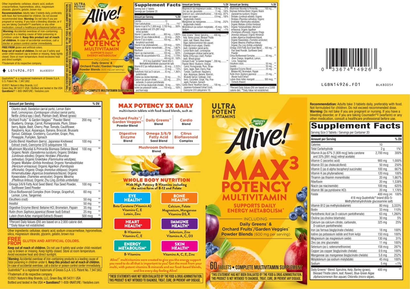 Nature's Way, Alive! Max3 Potency Multivitamin label