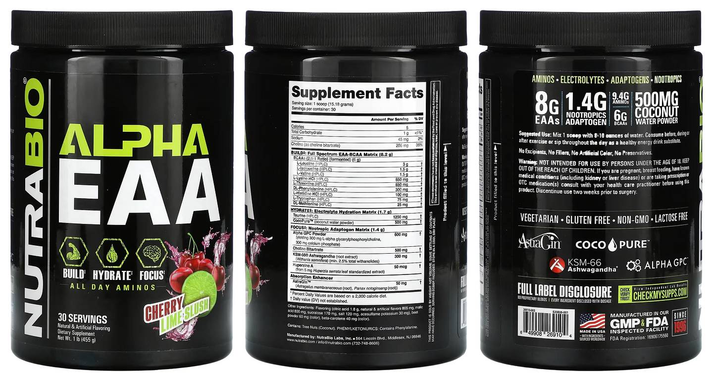 NutraBio, Alpha EAA, Cherry Lime Slush packaging