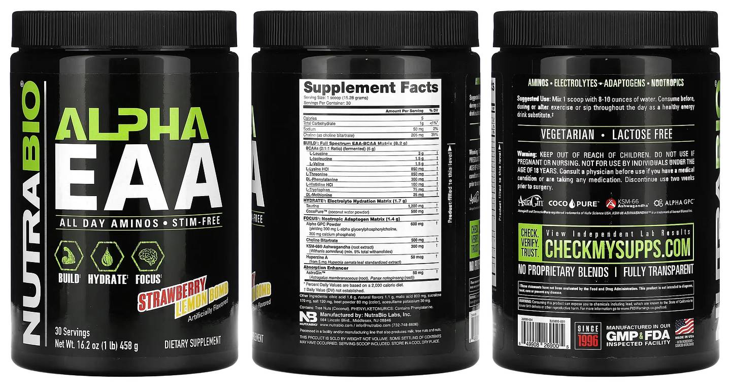 NutraBio, Alpha EAA, Strawberry Lemon Bomb packaging