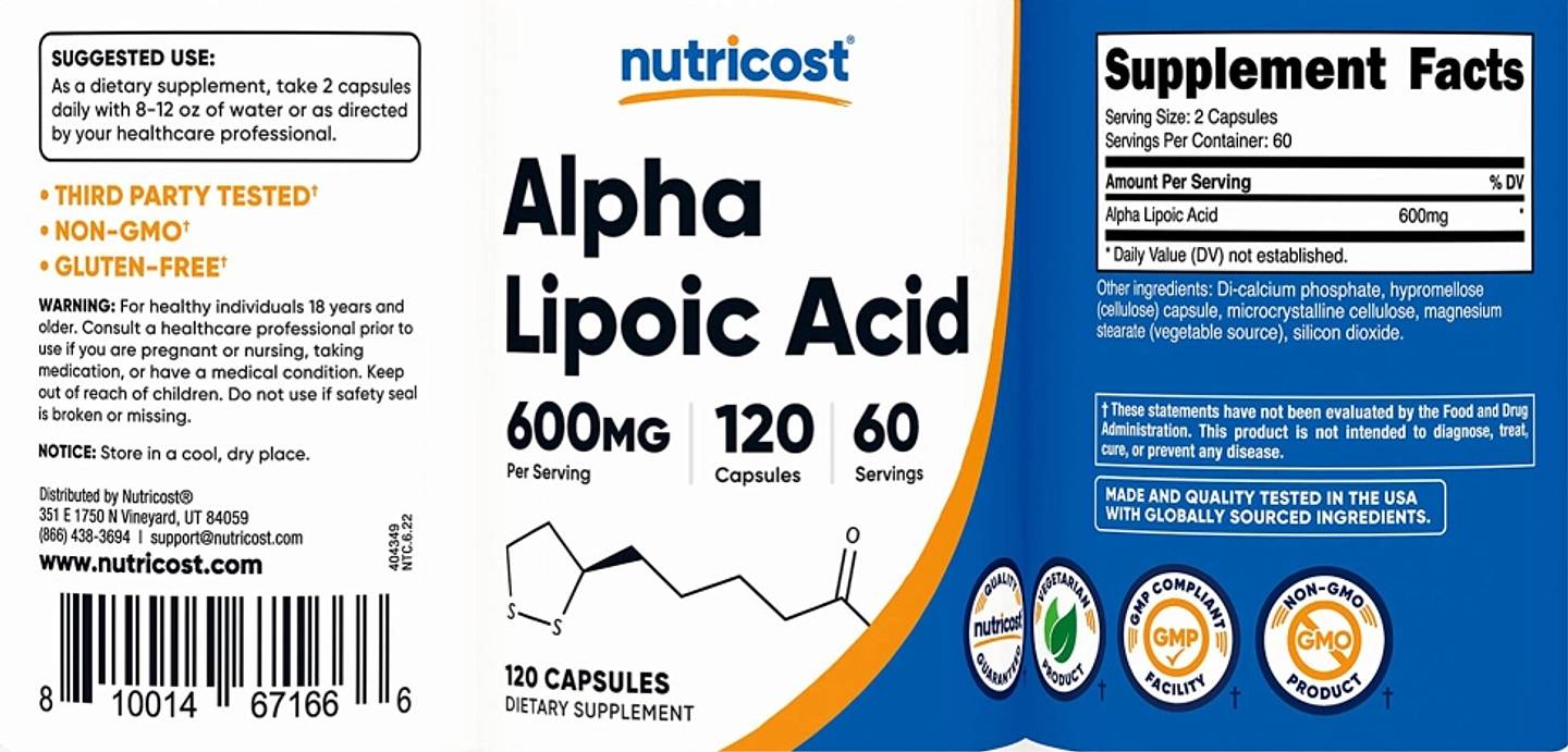 Nutricost, Alpha Lipoic Acid label