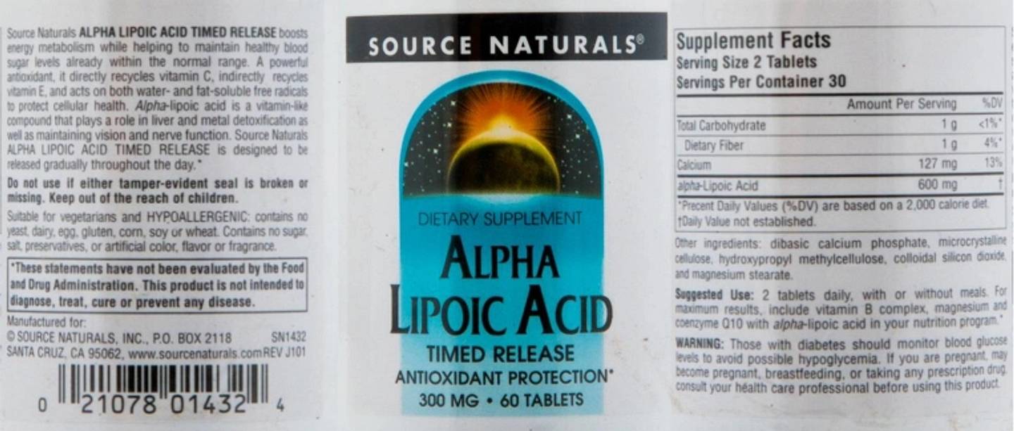 Source Naturals, Alpha Lipoic Acid label