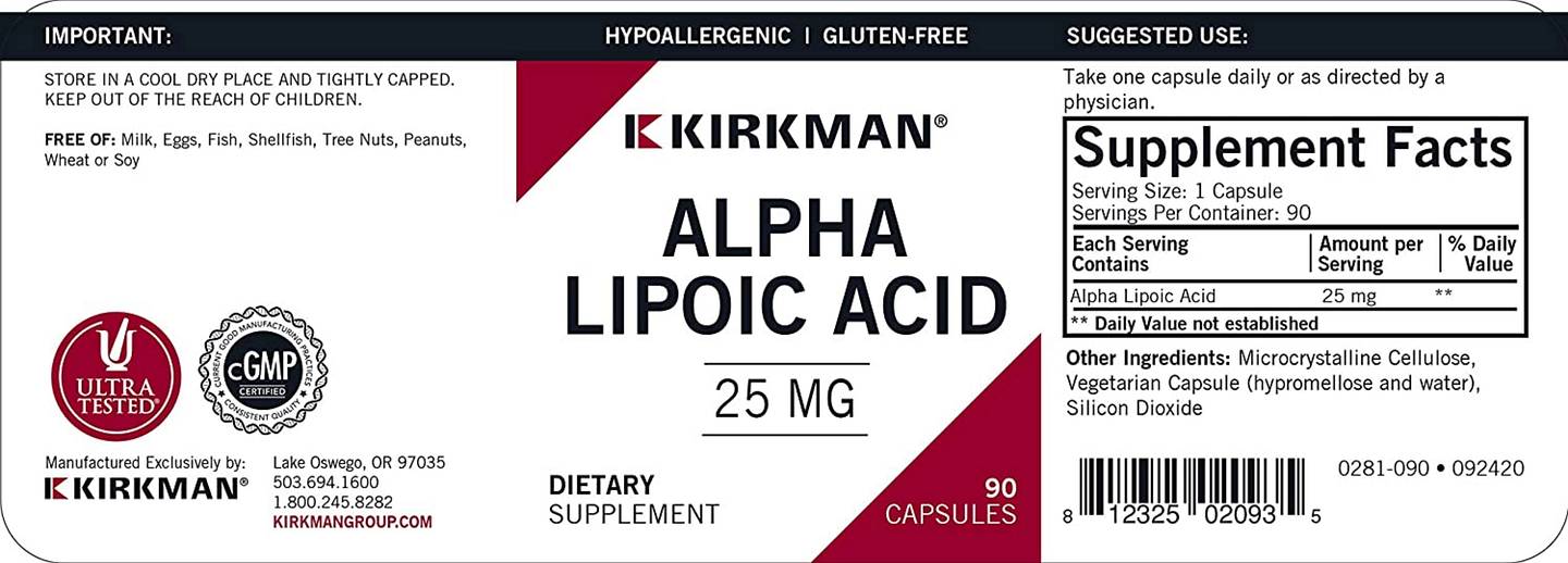 Kirkman Labs, Alpha Lipoic Acid label