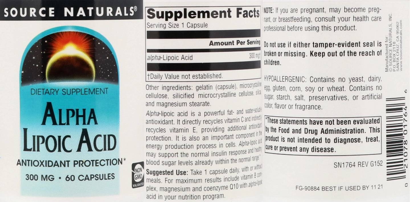 Source Naturals, Alpha Lipoic Acid label