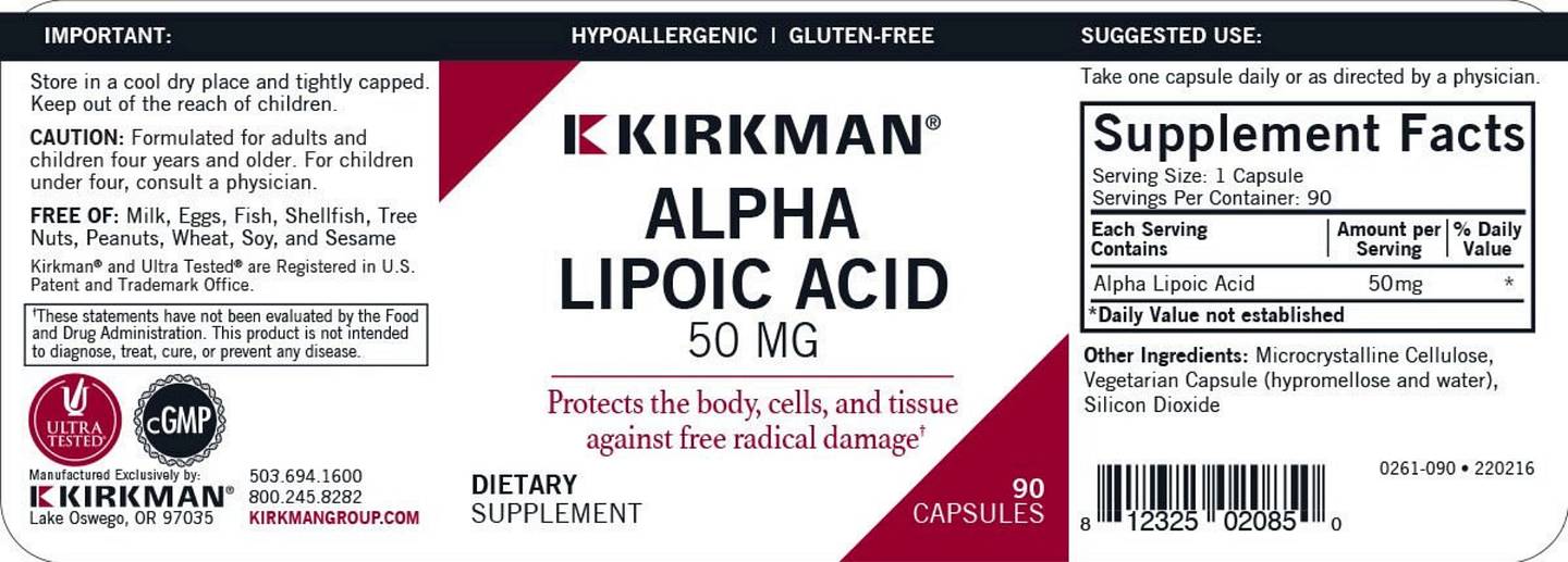 Kirkman Labs, Alpha Lipoic Acid label