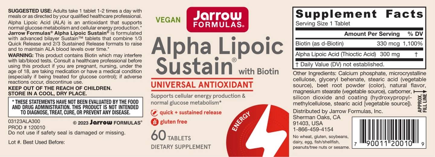 Jarrow Formulas, Alpha Lipoic Sustain with Biotin label