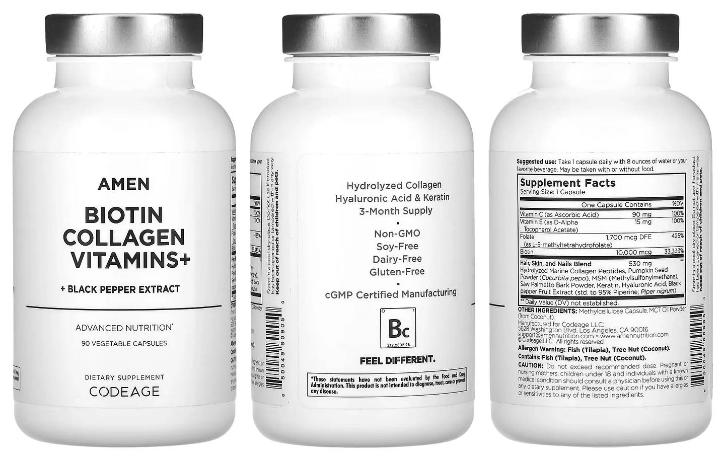 Codeage, Amen Biotin Collagen Vitamins+ Black Pepper Extract packaging