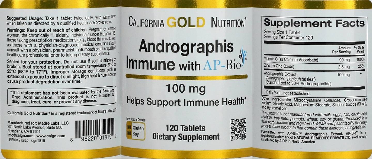 California Gold Nutrition, Andrographis Immune with AP-Bio label