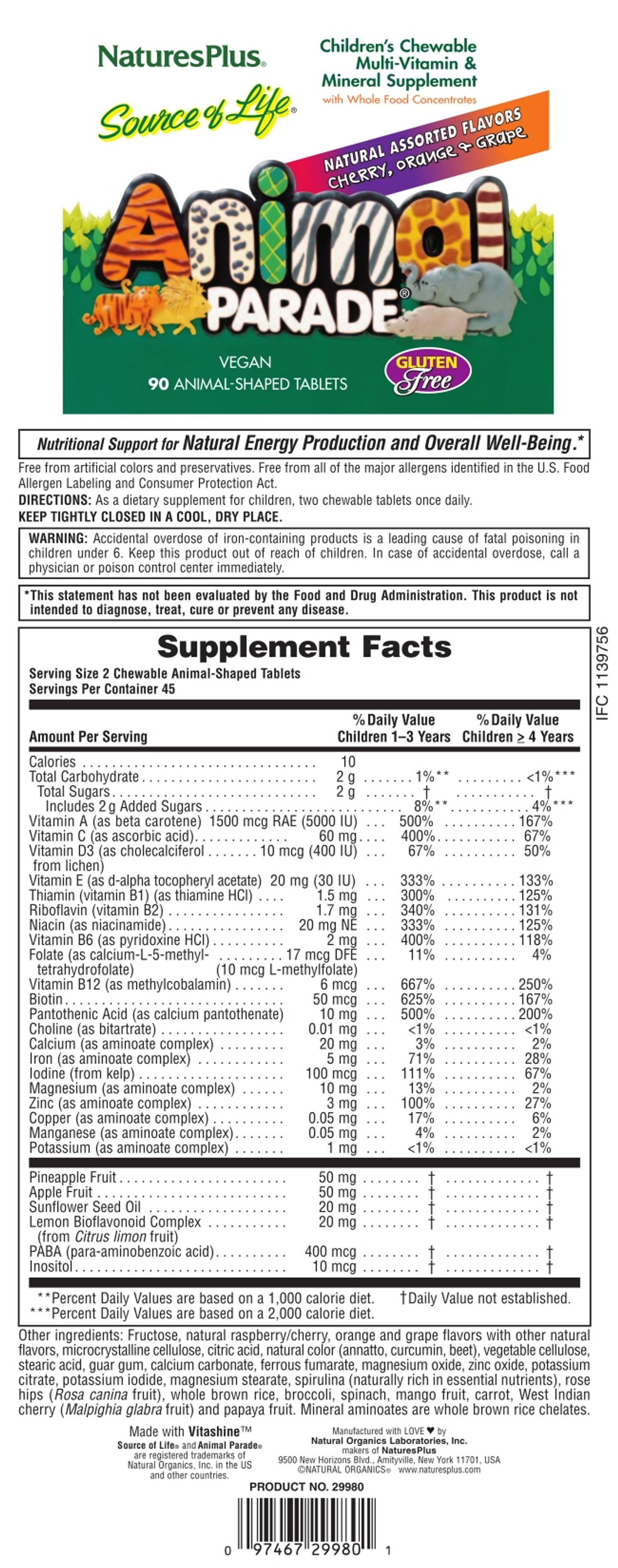 NaturesPlus, Animal Parade, Children's Chewable Multivitamin, Assorted label