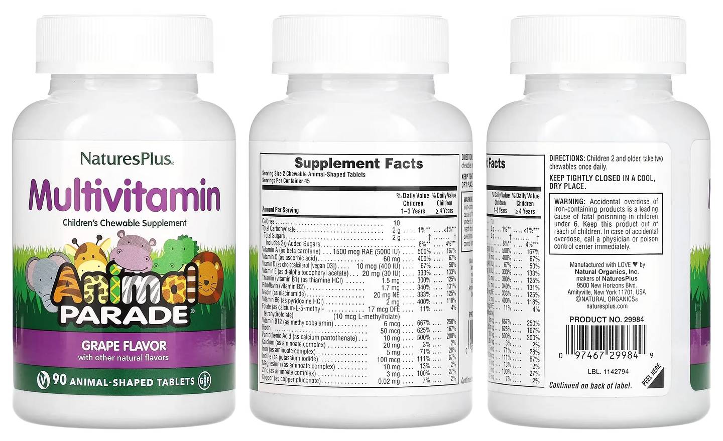 NaturesPlus, Animal Parade, Children's Chewable Multivitamin Supplement, Grape packaging