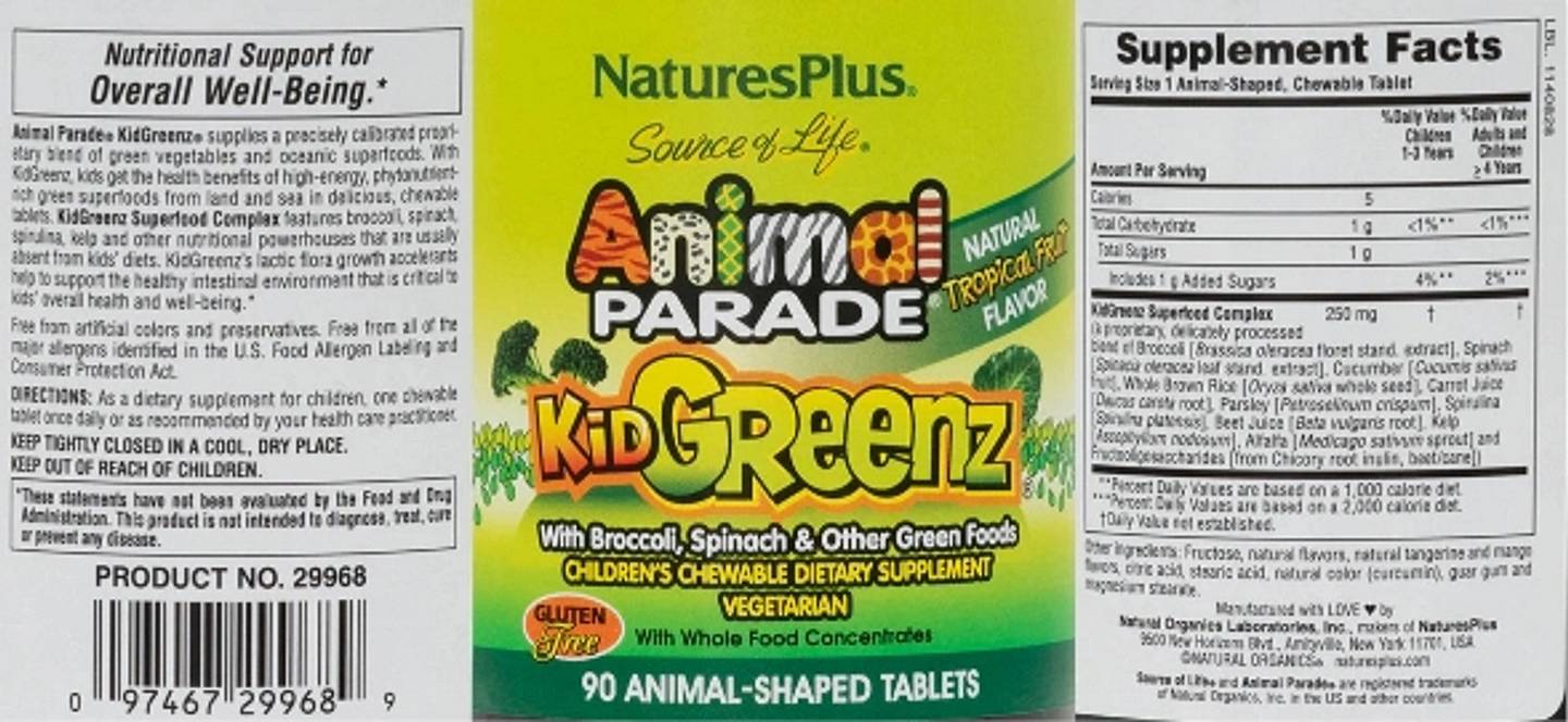 NaturesPlus, Animal Parade Kid Greenz Children's Chewable Green Food Supplement label