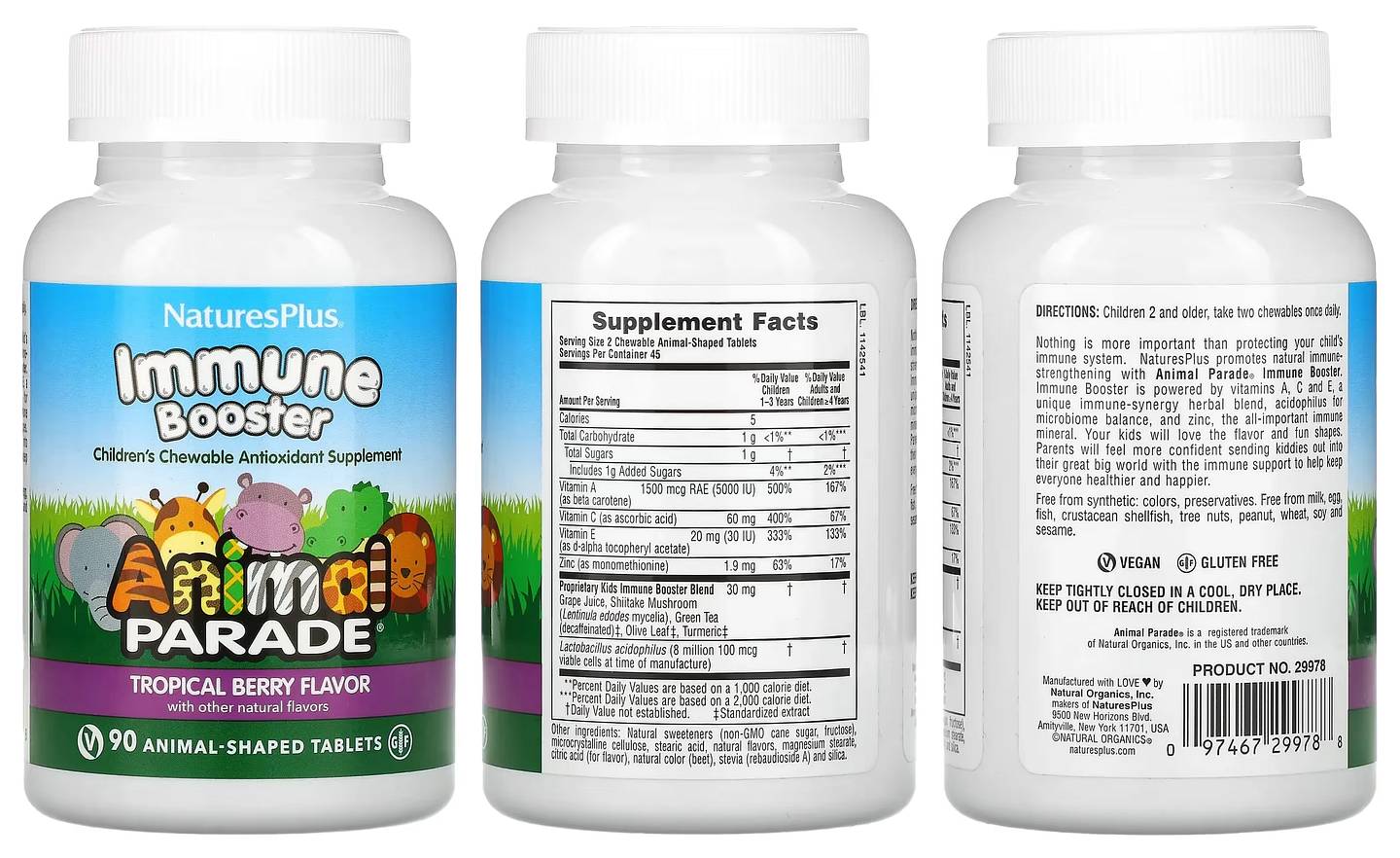 NaturesPlus, Animal Parade, Kids Immune Booster, Tropical Berry packaging