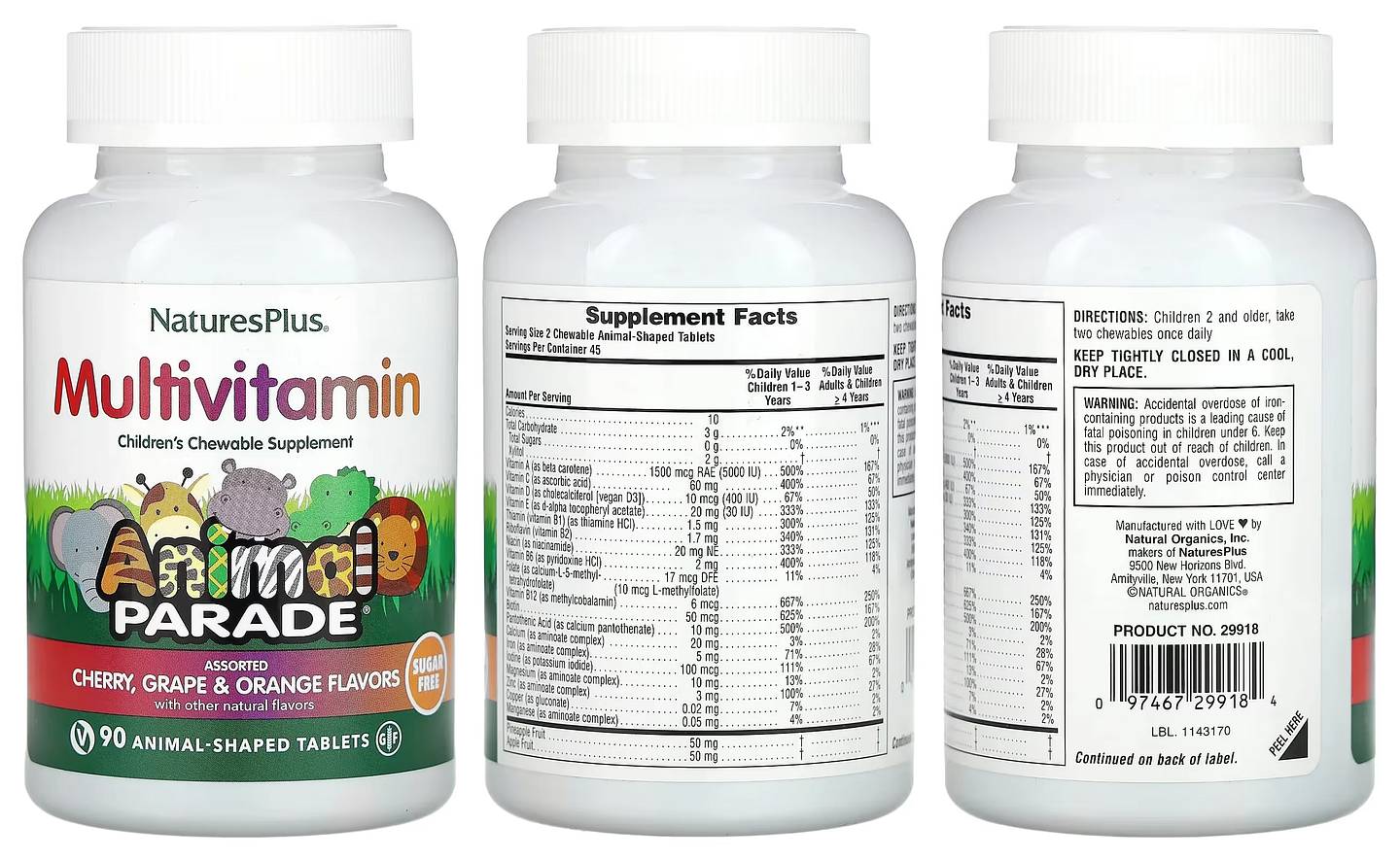 NaturesPlus, Animal Parade, Multivitamin, Children's Chewable Supplement, Cherry, Grape & Orange packaging