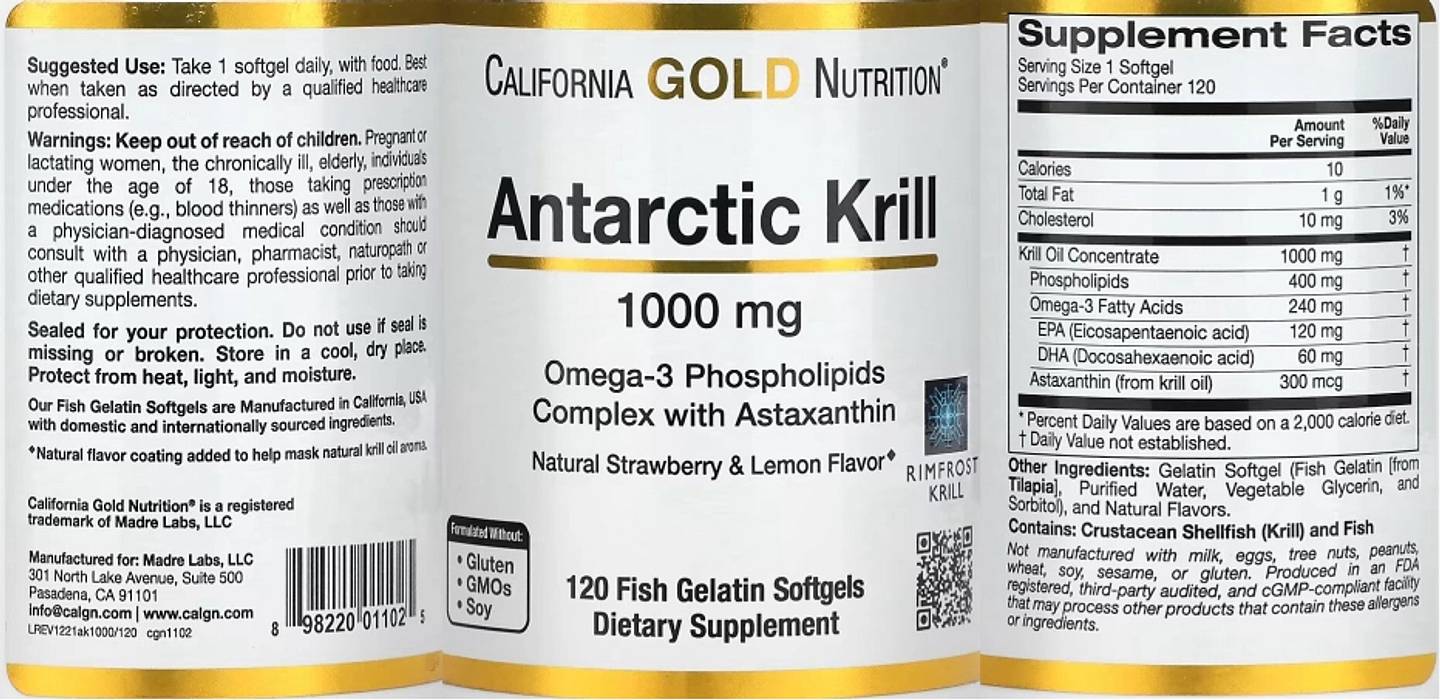 California Gold Nutrition, Antarctic Krill Oil, Omega-3 Phospholipids Complex with Astaxanthin, Natural Strawberry and Lemon Flavor label