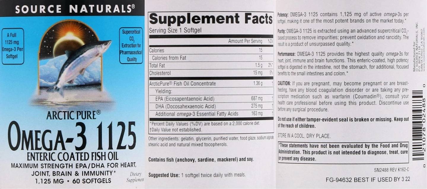 Source Naturals, Arctic Pure, Omega-3 1125 Enteric Coated Fish Oil label