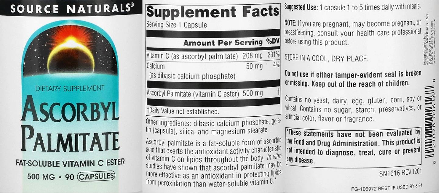 Source Naturals, Ascorbyl Palmitate label