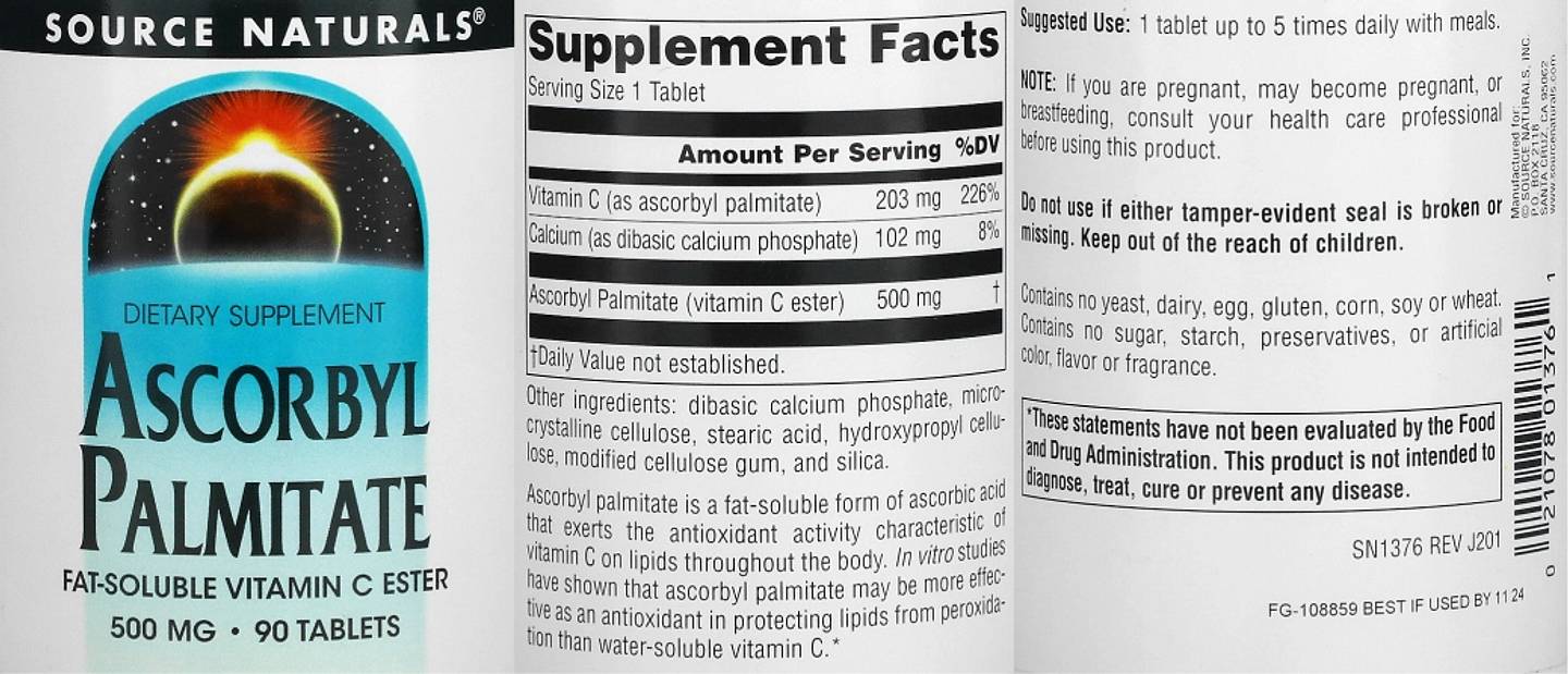 Source Naturals, Ascorbyl Palmitate label