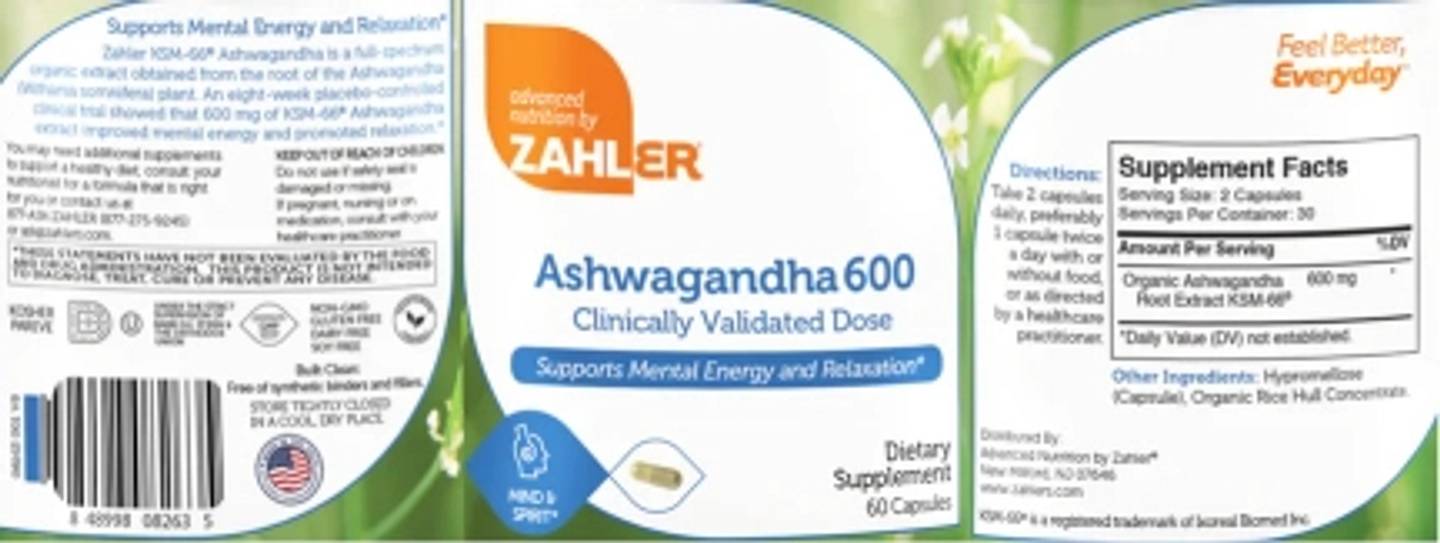 Zahler, Ashwagandha 600 label