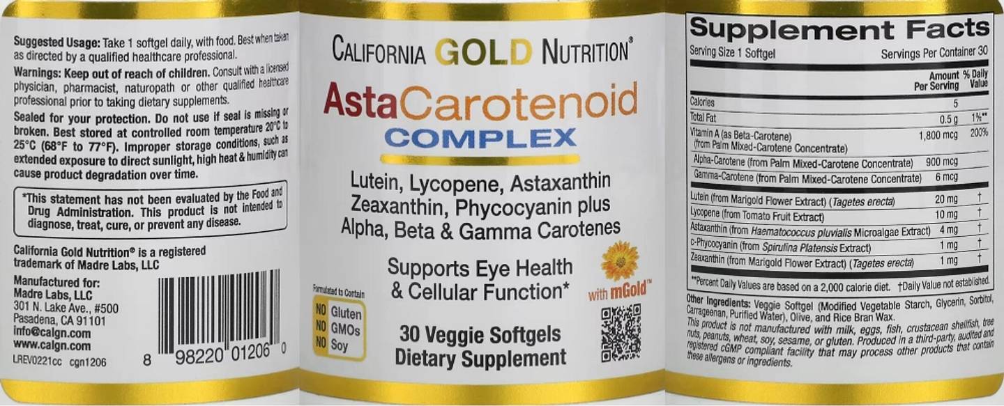 California Gold Nutrition, AstaCarotenoid Complex label