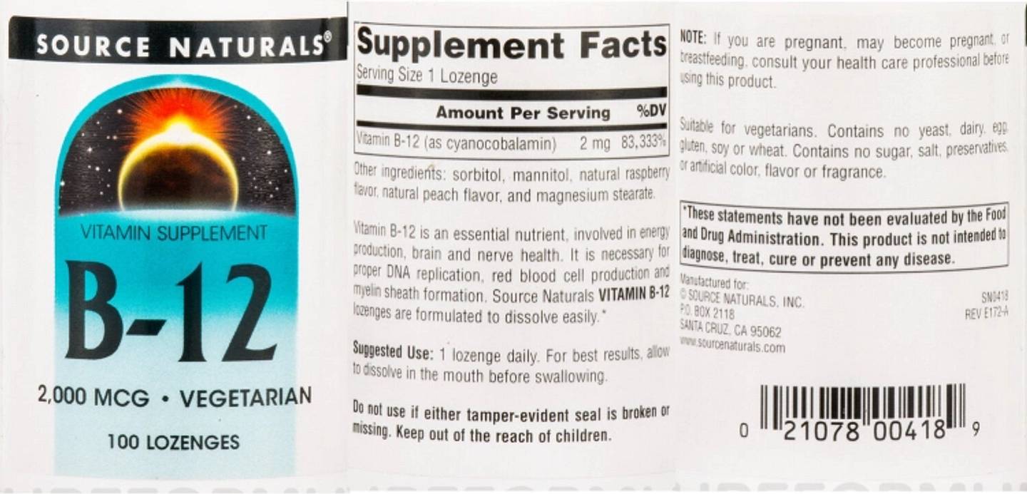 Source Naturals, B-12, 2,000 mcg label