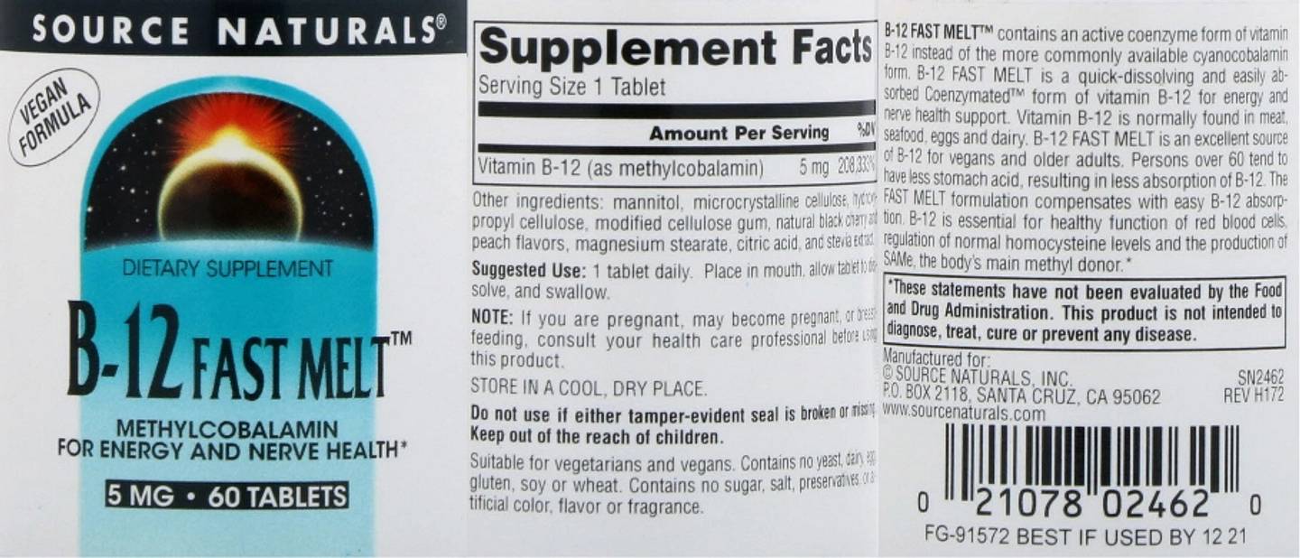 Source Naturals, B-12 Fast Melt label