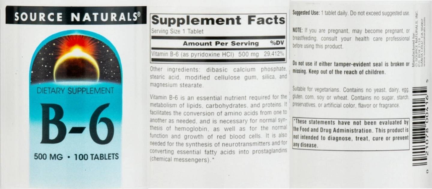 Source Naturals, B-6, 500 mg label