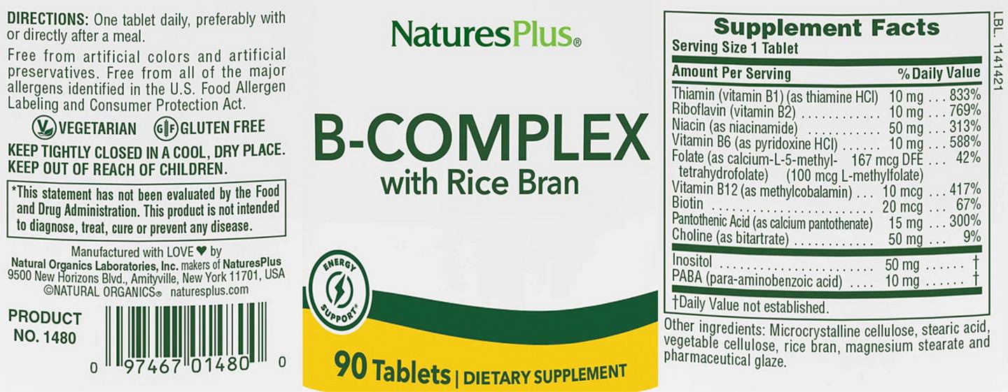 NaturesPlus, B-Complex with Rice Bran label