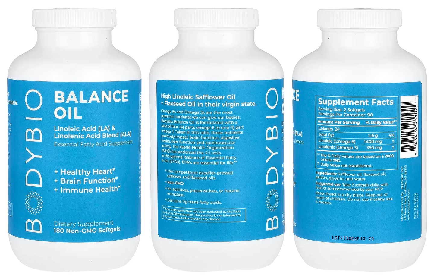 BodyBio, Balance Oil, Linoleic Acid (LA) & Linolenic Acid Blend (ALA) packaging