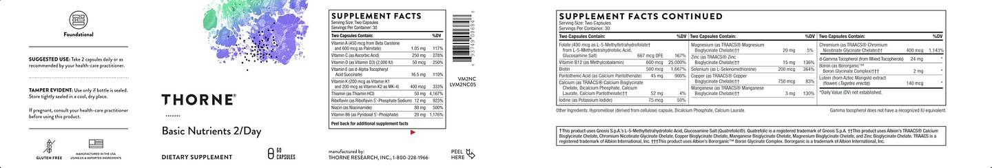 Thorne, Basic Nutrients 2/Day label