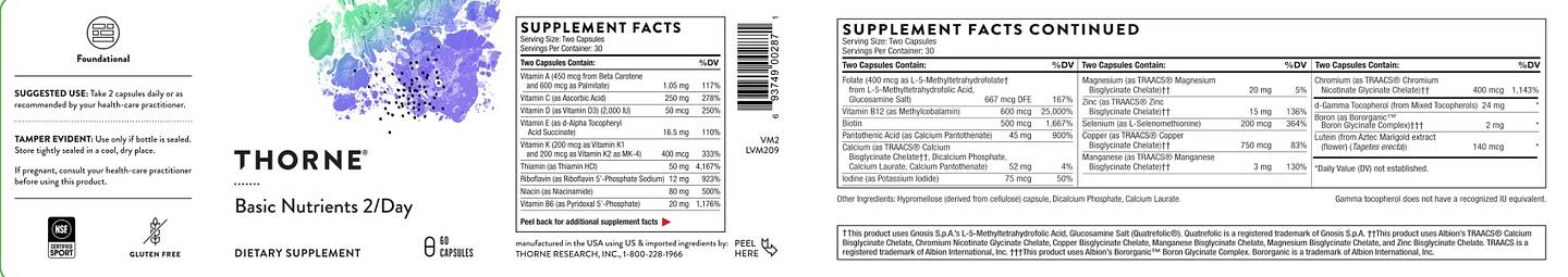 Thorne, Basic Nutrients 2/Day label