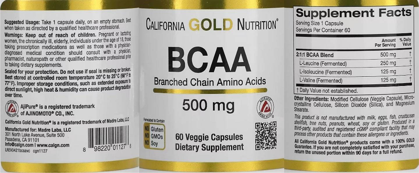 California Gold Nutrition, BCAA, AjiPure® Branched Chain Amino Acids label