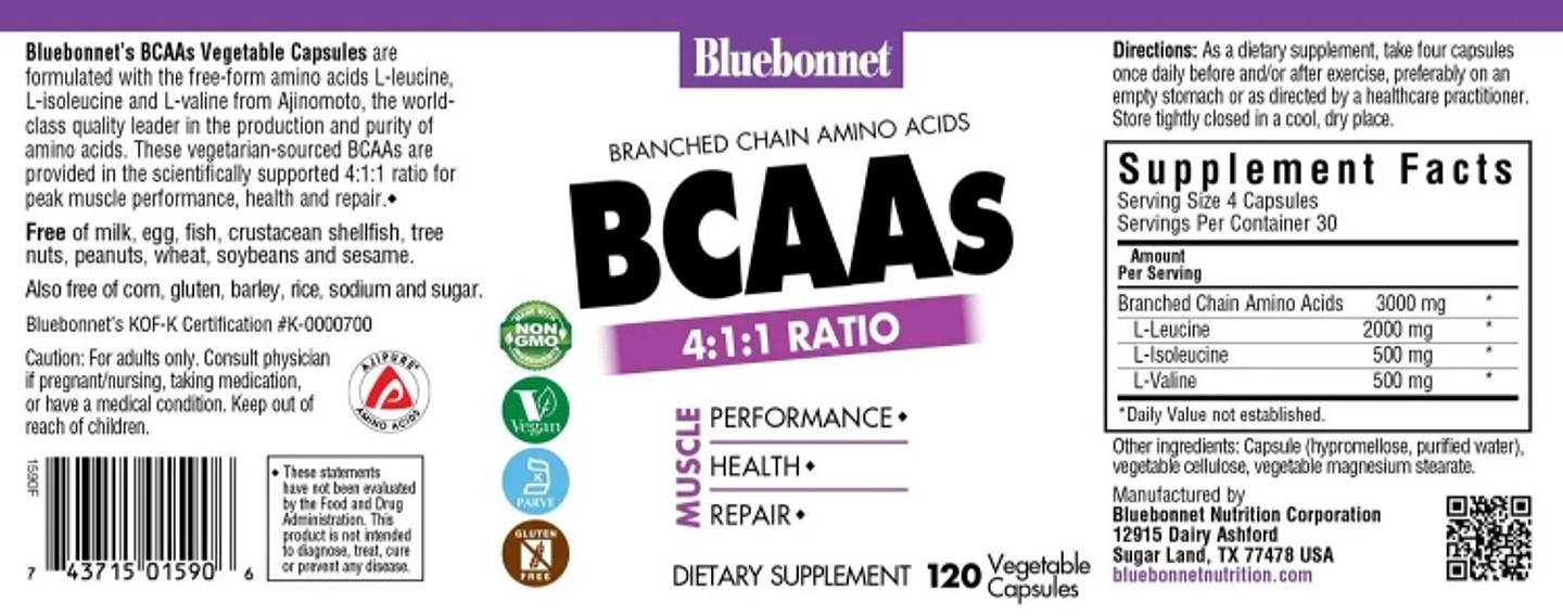 Bluebonnet Nutrition, BCAAs 4:1:1 Ratio label