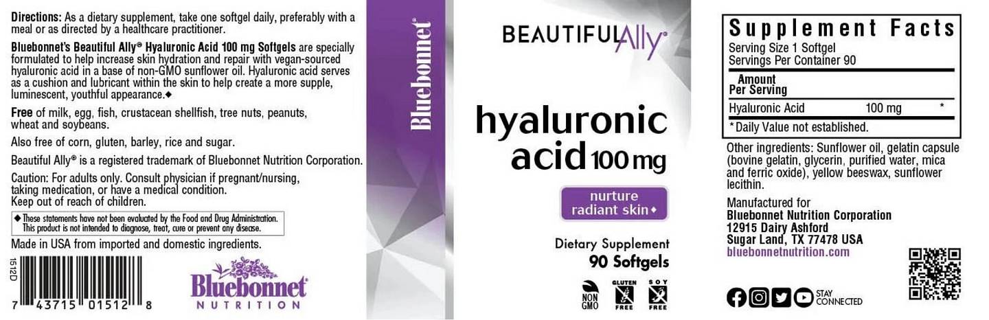 Bluebonnet Nutrition, Beautiful Ally, Hyaluronic Acid, 100 mg label